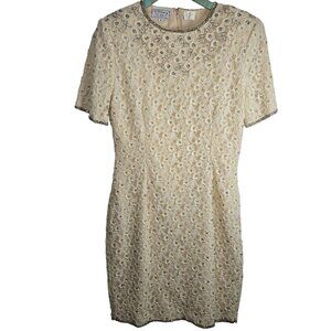 Vintage Stenay White Pearl Silver Bead Champagne Lace Mini Sheath Cocktail Dress